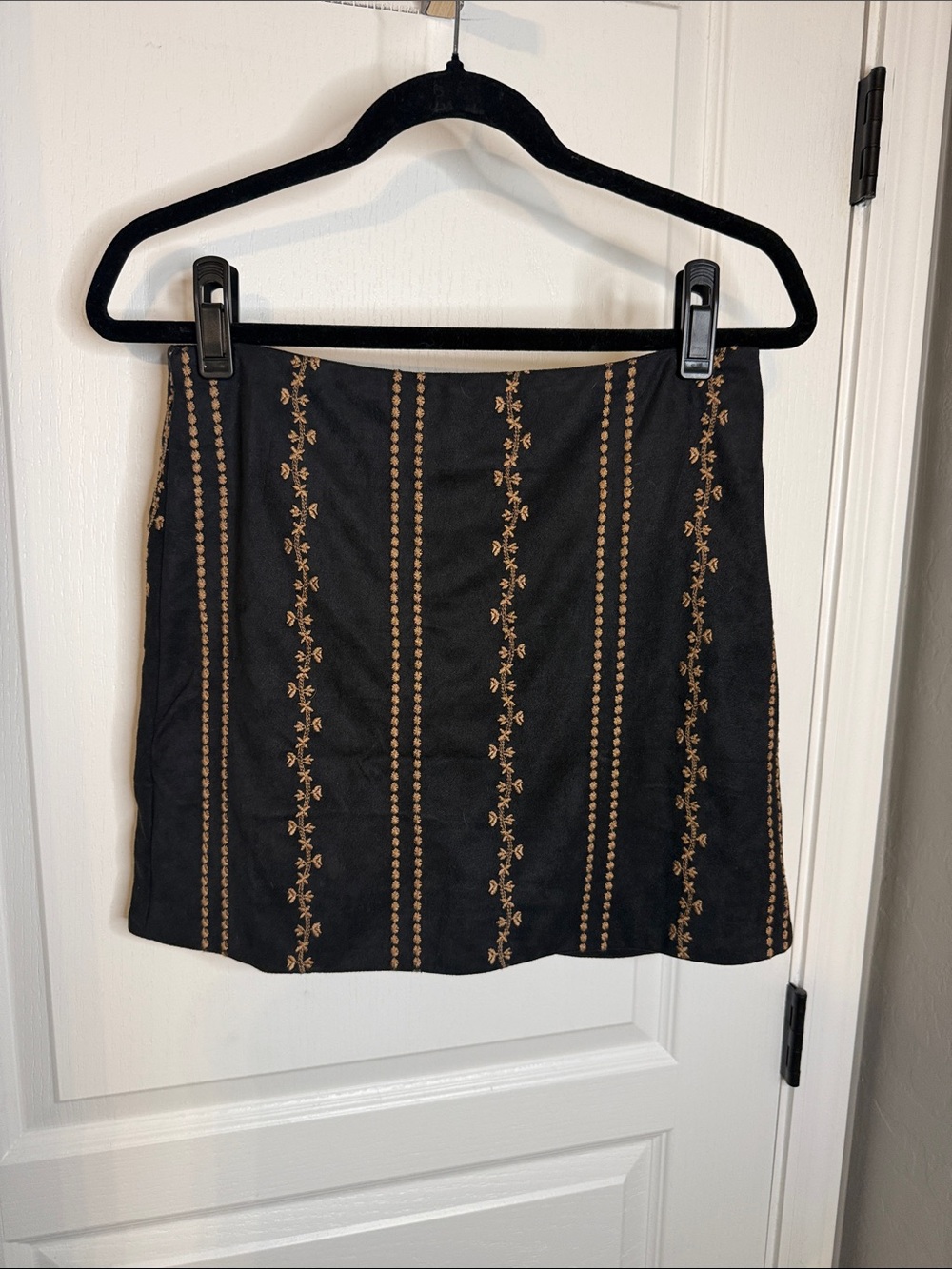 Altar'd State Black Mini Skirt with Gold Floral Stripe Embroidery
